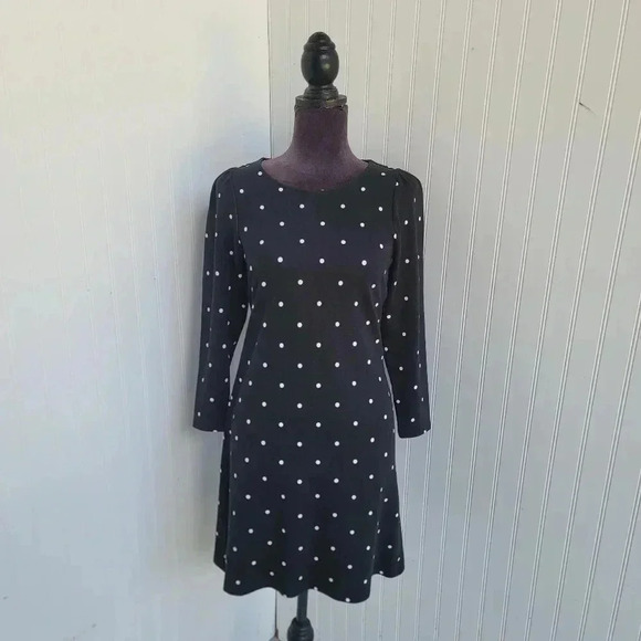 NWT Ann Taylor LOFT Black White Polka Dot Sheath Dress 3/4 Sleeve Crew Neck XSP - Picture 1 of 14
